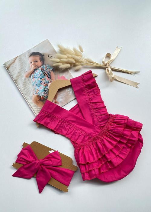 Kız Bebek Pembe Pamuklu Salopet Bandana Takım TKM-0032
