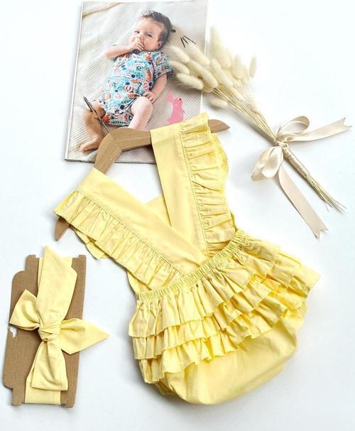 Kız Bebek Sarı Pamuklu Salopet Bandana Takım TKM-0033