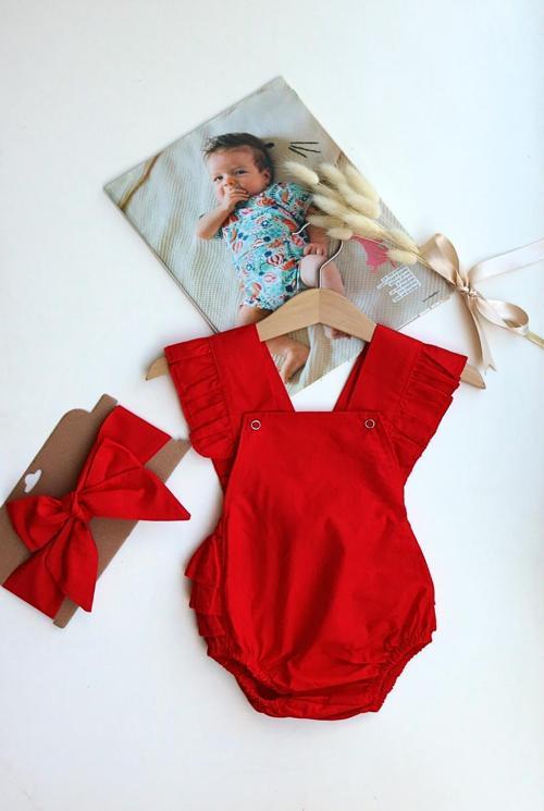 Kız Bebek Kırmızı Pamuklu Salopet Bandana Takım TKM-0034