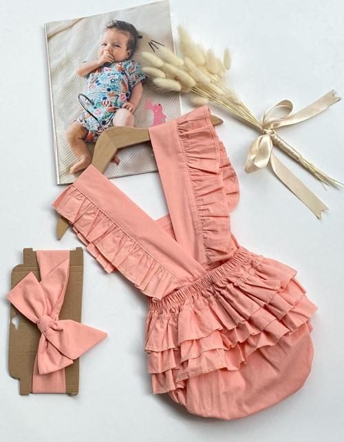 Kız Bebek Somon Pamuklu Salopet Bandana Takım TKM-0031