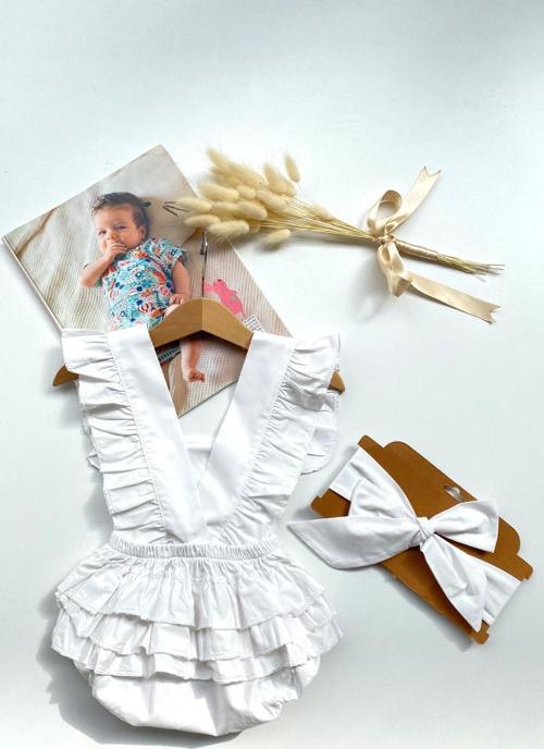 Kız Bebek Beyaz Pamuklu Salopet Bandana Takım TKM-0037