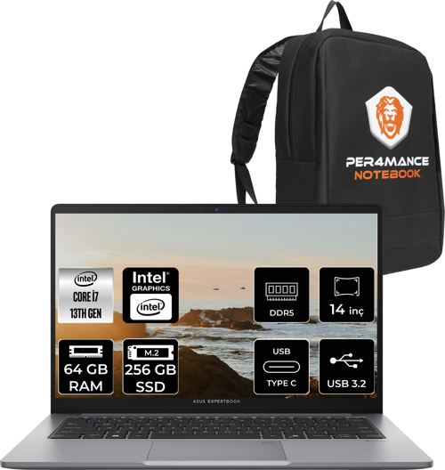 ExpertBook P1 Intel Core i7 13620H 64GB 256GB SSD 14" FHD FDOS Taşınabilir Bilgisayar & PER4 Çanta