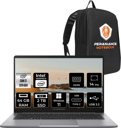 ExpertBook P1 Intel Core i7 13620H 64GB 2TB SSD 14" FHD W11P Taşınabilir Bilgisayar & PER4 Çanta