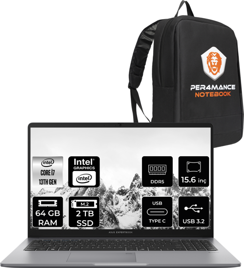 ExpertBook P1 Intel Core i7 13620H 64GB 2TB SSD 15.6" FHD FDOS Taşınabilir Bilgisayar & PER4 Çanta