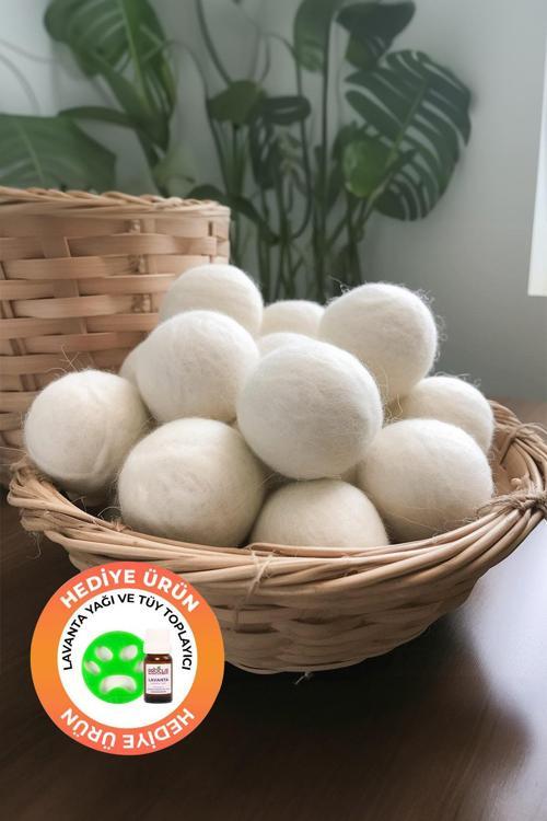 9'lu Yün Kurutma Topu Doğal Çamaşır Yumuşatıcı - Keçe Kurutma Makinesı Topları - Kırışık Önleyici, Lavnata Yağ Hediye