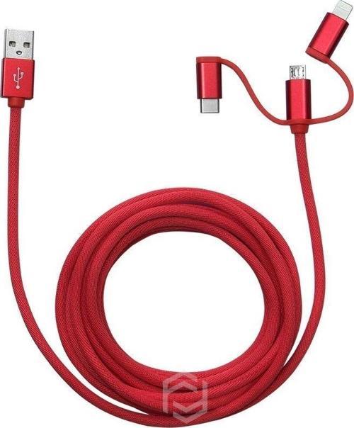 FA-7558UC 3mt Örgülü USB Data - Şarj Kablo 3in1 (iOS-Android-Type-C) Kırmızı