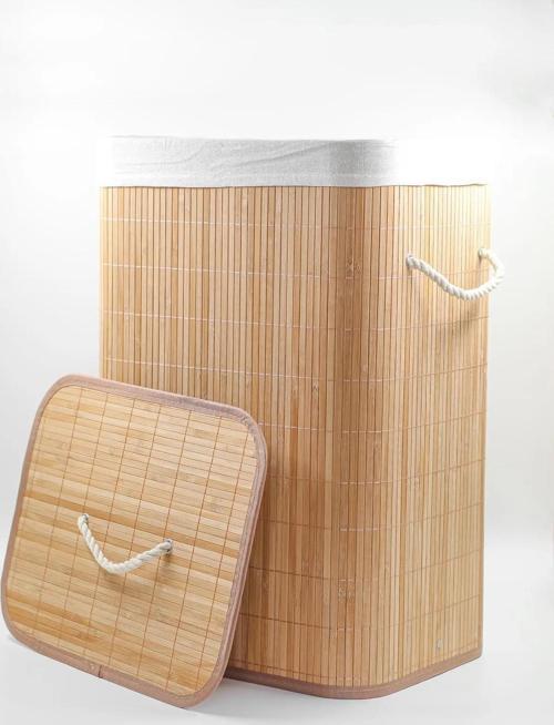 Katlanabilir Bambu Çamaşır Sepeti, Kapaklı, İç Astar, Taşıma Kulplu, 66 Litre