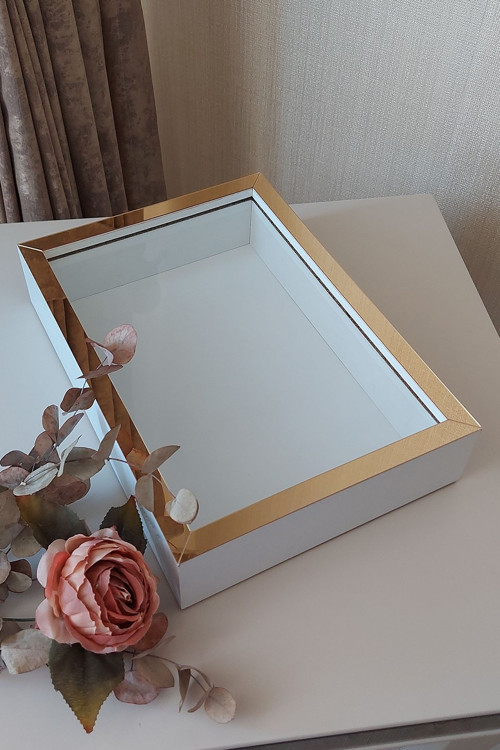 Ledsiz Yeni Trend 25X35 Cm Gold-Beyaz Derin Gül Tasarım Çerçevesi! Gül Kutusu Anı Çerçevesi! Isimsiz