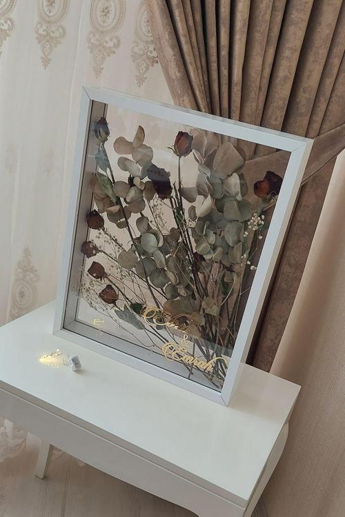Ledli İsimli 40X50 Cm Çift Yönlü Derin Gül Çerçevesi! Gelin Buketi Çerçevesi!