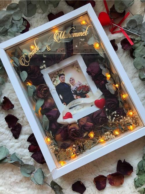 30X40 Cm Ledli Fotoğraf Bölümlü Tasarım Gül Kutusu Anı Çerçevesi! Ayna Çerçeve!
