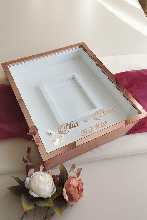 40X50 Cm Rosegold Fotoğraf Bölümlü Anı Çerçevesi! Ledli Ve Isimli Gül Tablosu! Gül Kutusu!