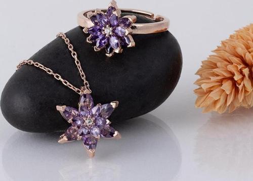 Ametist Taşlı Lotus Çiçeği Gümüş Kolye Yüzük Set