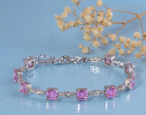 Pembe Taşlı Sıralı Su Yolu Gümüş Bileklik