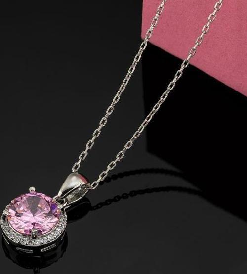 Pembe Zirkon Yuvarlak Kesim Gümüş Kolye