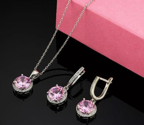 Pembe Zirkon Yuvarlak Kesim Gümüş Set