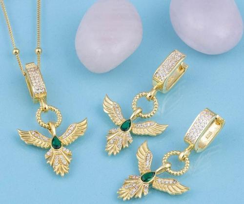 Zümrüt Taşlı Altın Kaplama Anka Kuşu 925 Ayar Gümüş Set
