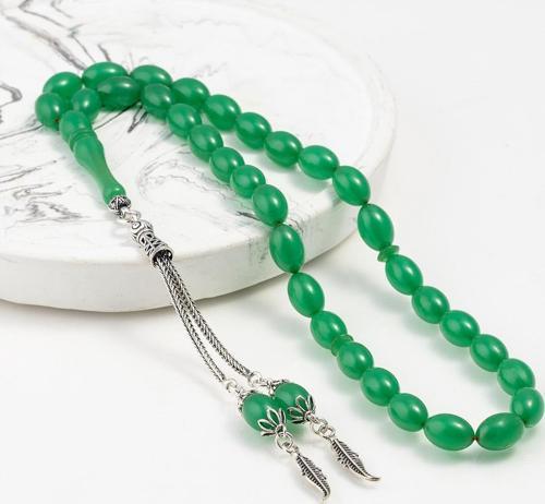 Yeşil Arpa Taneli Gümüş İmameli Kehribar Tesbih