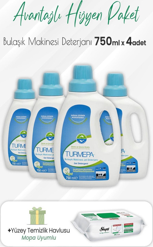 Jel Bulaşık Makinesi Deterjanı 750 ml x 4 Adet ve Mopa Uyumlu Yüzey Temizlik 80'li