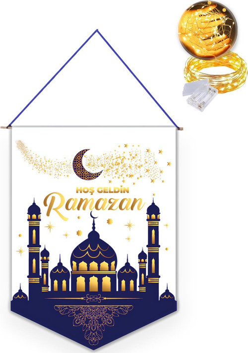 Kumaş Ramazan Banner Hoşgeldin Ramazan Flama + Peri Led - Hoşgeldin Ramazan Sarkıt - Ramazan Flama
