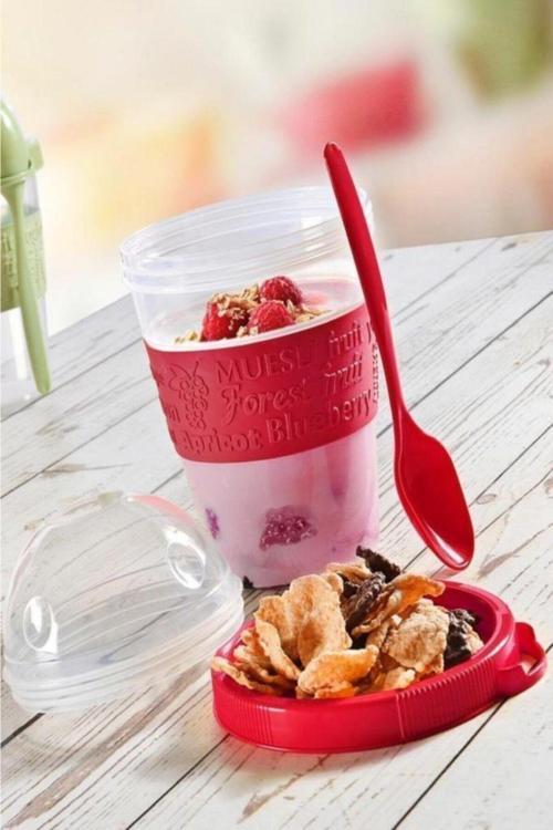 Meyve Bölmeli Yoğurt Saklama Kabı Yoğurt Taşıma Kabı 600 Ml Kaşıklı