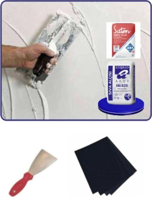 Duvar Tamir Seti [ 2Kg Sıva Alçı 1Kg Saten Alçı Spatula Zımpara(150)] Ldr-123
