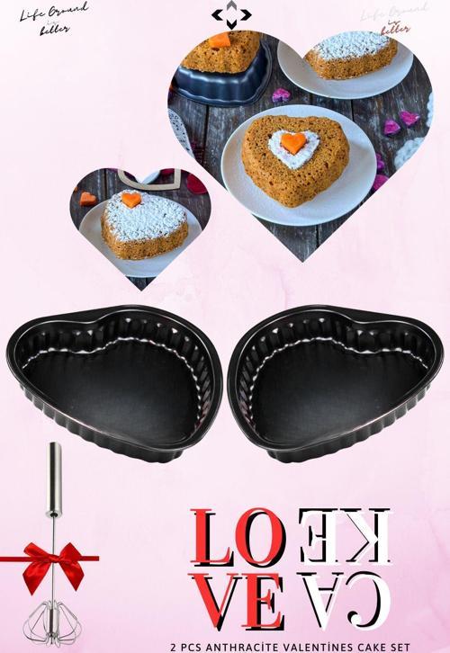 Love Cake Set 3 Parça Kalpli Kek Kalıbı Seti Çırpma Teli Hediye! Antrasit Kalpli Kek Pasta Kalıbı