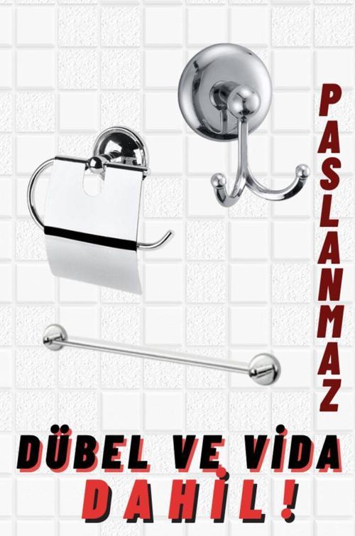 Banyo Havluluk Seti 3 Parça (Krom) - Uzun Düz Havluluk + Kapaklı Tuvalet Kağıtlığı I+ Banyo Askılığı