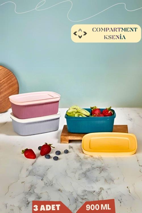 Compartment Ksenıa 3'Lü 2 Bölmeli 900 Ml Kapaklı Saklama Kabı - Beslenme Kutusu 3 Adet Rengarenk