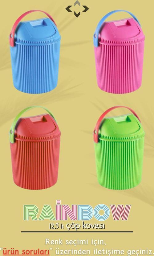 Rainbow 12,5 Lt Renkli Kulplu Kapaklı Çöp Kovası Mutfak Banyo Çocuk Odası Çöp Kovası Temizlik Kovası