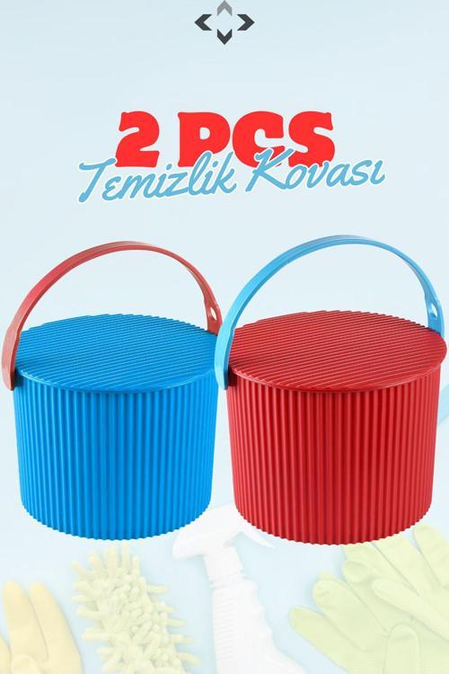 2'Li Rainbow Mavi-Kırmızı Yuvarlak Temizlik Kovası Deterjan Kovası Kapaklı Kova 2 Adet Kova
