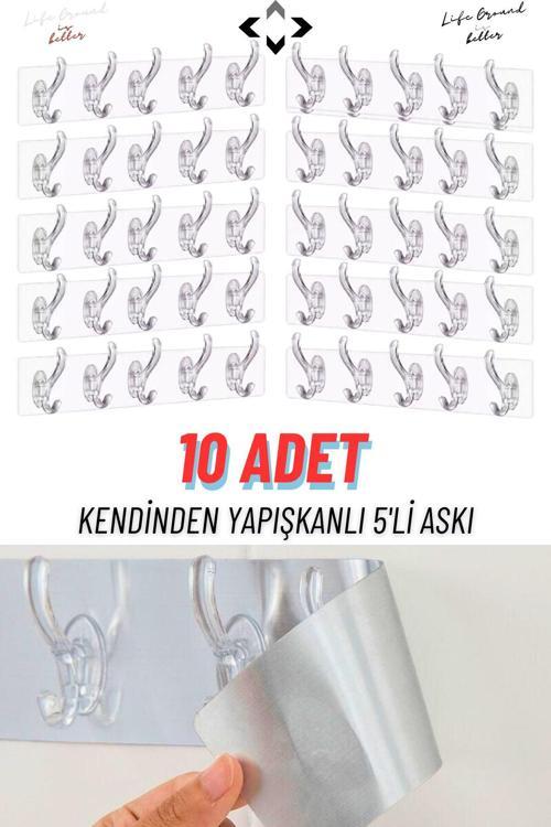 Kendinden Yapışkanlı 5 Kancalı 10 Adet Askı Şeffaf Silikon Askı Çok Amaçlı Askı Duş Askısı