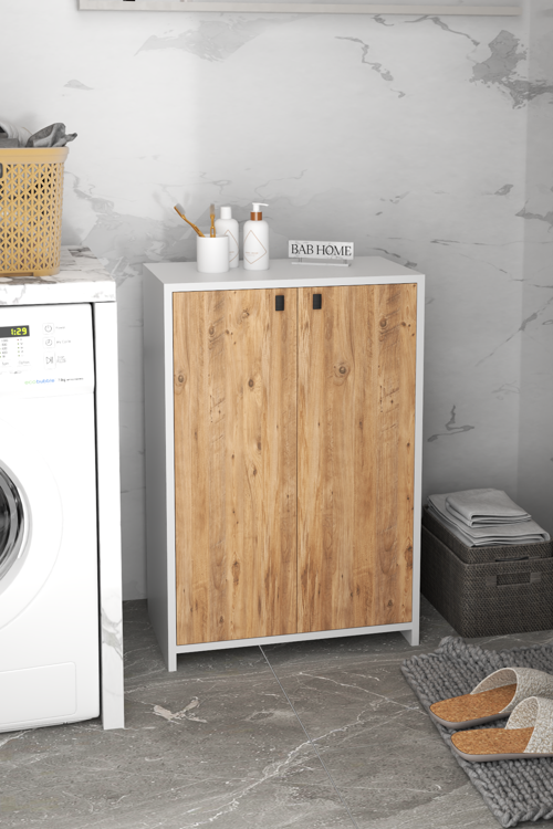 2 Kapaklı 4 Raflı Pratik ve Modern Banyo Dolabı Havlu Dolabı Atlantik Çam - Beyaz