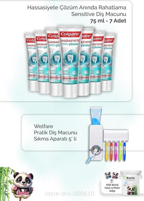7 Adet Colgate Hassasiyete Çözüm Anında Rahatlama Sensitive Diş Macunu 75 ml, Diş Macunu Aparatı ve ROSIE