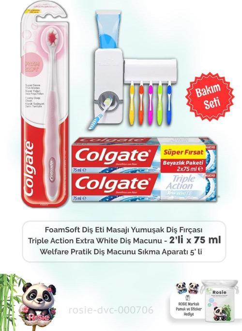 Triple Action Extra White Diş Macunu 2 x 75 ml, FoamSoft Diş Fırçası, Diş Macunu Aparatı ve ROSIE