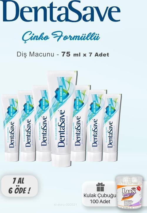 Denta Save Diş Macunu 7 AL 6 ÖDE  Çinko Formüllü 75 ml ve Kulak Çubuğu