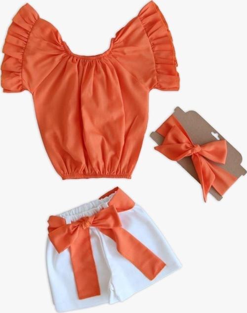 Kız Bebek Sunny Turuncu Madonna Yaka Şortlu Bandana Alt Üst Takım TKM-0132.11