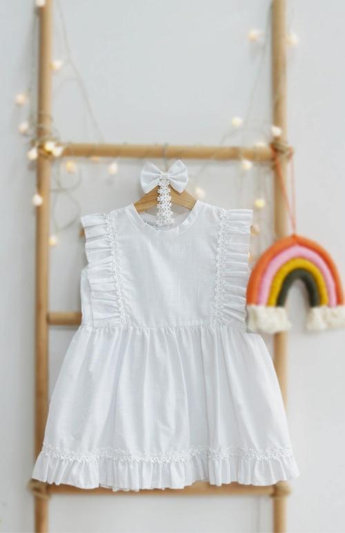 Kız Bebek Eloise Beyaz Fisto Elbise Toka Takım ELB-0084.