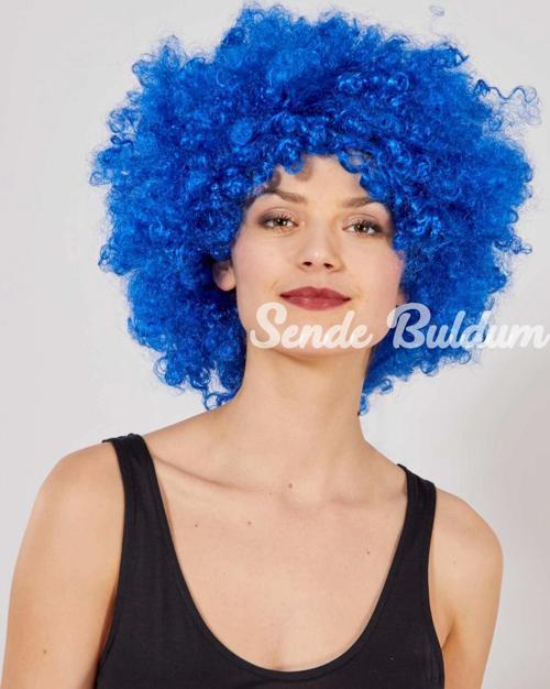 Mavi Renk Kıvırcık Afro Bonus Peruk
