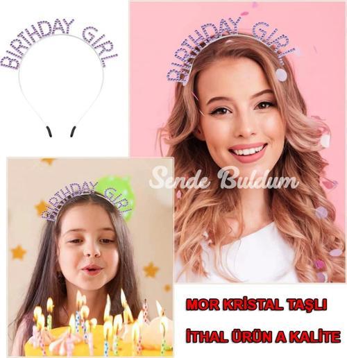 Mor Renk Kristal Taşlı Parlak Birthday Girl Yazılı Taç 16x17 Cm
