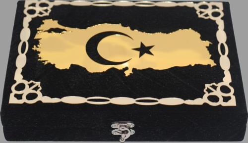  28-20-6 cm Türk Bayraklı Siyah Kadife Kuran-ı Kerim Kutusu Hediye Kutusu Tesbih Kitap Kutusu