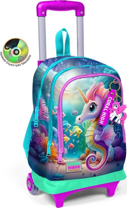 Kids Mavi Su Yeşili Denizatı Desenli Üç Bölmeli Çekçekli Okul Sırt Çantası 23972