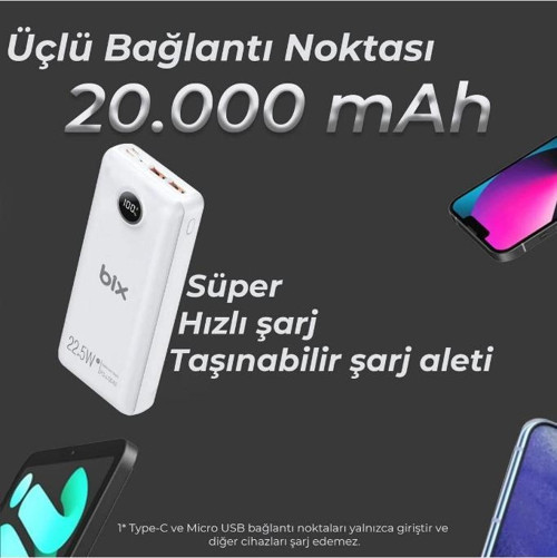 Bix Pb201 20000mah 22.5w 3 Çıkışlı Usb Qc 4.0 Type-c Pd Lcd Göstergeli Powerbank Beyaz 5
