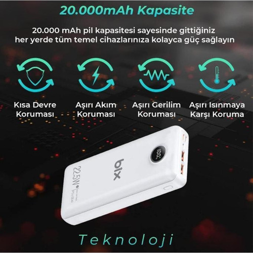 Bix Pb201 20000mah 22.5w 3 Çıkışlı Usb Qc 4.0 Type-c Pd Lcd Göstergeli Powerbank Beyaz 2
