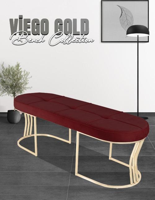 Viego Gold Exclusive Bench Lüks Metal Gold Ayak, Chester Model Yatak Ucu Bordo Puf