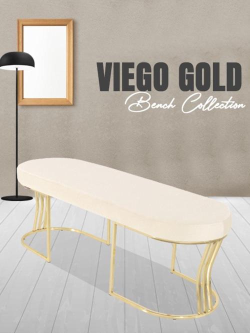 Viego Gold Smooth Bench Lüks Metal Gold Ayak, Chester Model Yatak Ucu Beyaz Puf