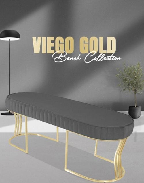 Viego Gold Striped Bench Lüks Metal Gold Ayak, Chester Model Yatak Ucu Gri Puf