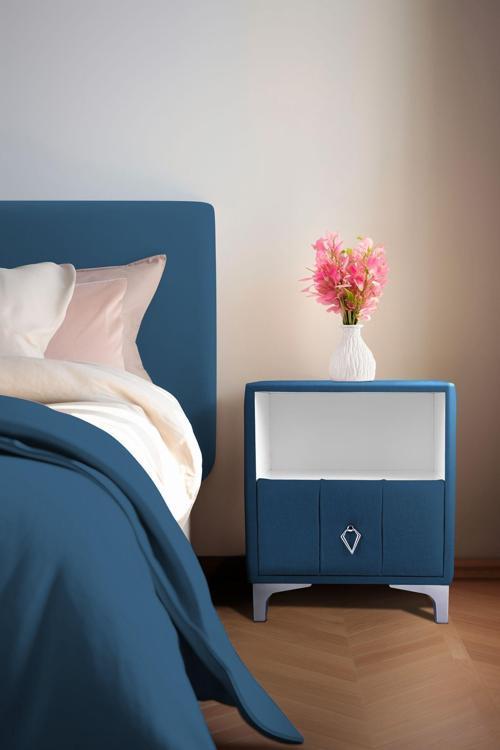 Singular Silver iki Çekmeceli Mavi Komodin  Raflı Kumaş Kapaklı Yatak Odası Komodin