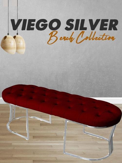 Viego Silver Puf Lüks Metal Gümüş Ayak, Chester Model Yatak Ucu Bordo Bench