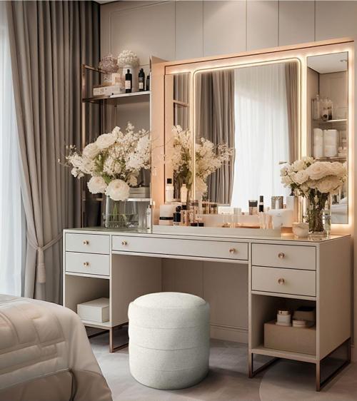 Diana Slim Line Luxury Beyaz Puf Havlu Kumaş, Silindir, Dekoratif Makyaj Masası Pufu