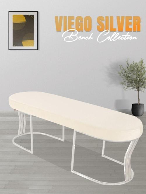 Viego Silver Smooth Bench Lüks Metal Gümüş Ayak, Chester Model Yatak Ucu Beyaz Puf